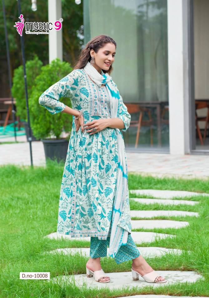 Sara Vol 10 By Mystic 9 Rayon Embroidery Printed Kurti With Bottom Dupatta Wholesale Shop In Surat
